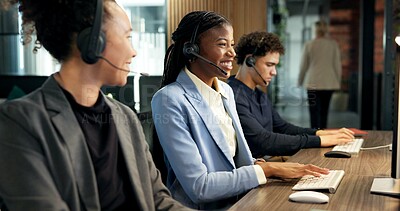 Buy stock photo Agent, laugh and people with headset in call center, communication or lead generation with computer. Telemarketing, team and colleagues with technology, coworking and happy for consultation with mic
