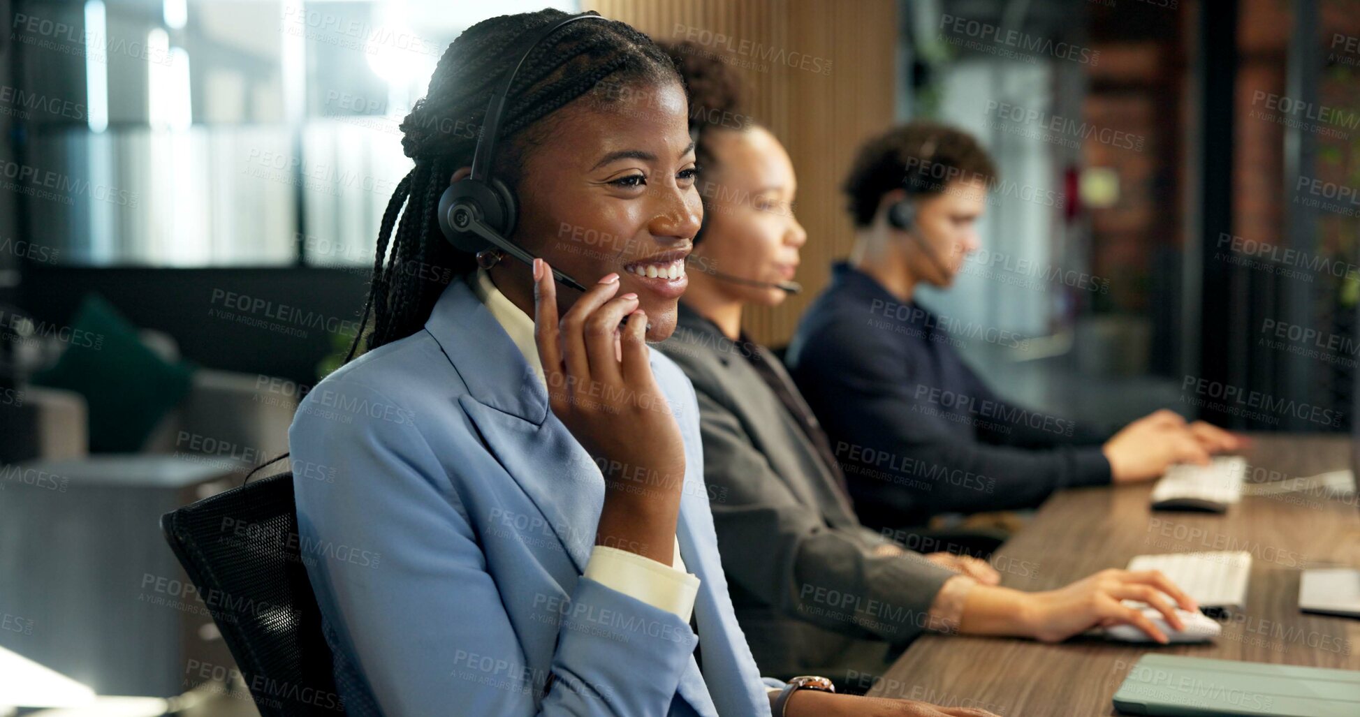 Buy stock photo Call center, team and happy woman with headset in office, listen and lead generation with computer. Telemarketing, people and colleagues with technology, coworking and smile for consultation with mic