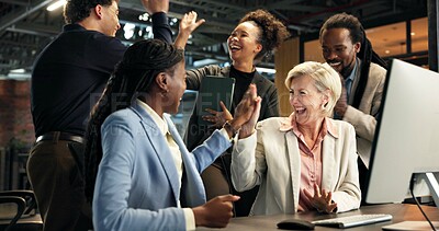 Buy stock photo High five, office and business people on computer for success, good news and funding approval. Team, excited and workers on pc for financial achievement, company goals or celebrate for project budget