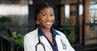 Buy stock photo Healthcare, doctor and happy in portrait in hospital lobby, expert physician or heart specialist. African, woman or cardiologist for medical care, confidence and pride with professional in medicine
