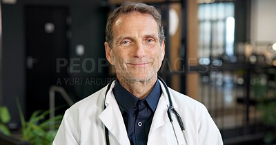 Buy stock photo Healthcare, doctor and smile in portrait in hospital lobby, expert physician or heart specialist. Mature, man or cardiologist for medical care, confidence and pride with professional in medicine