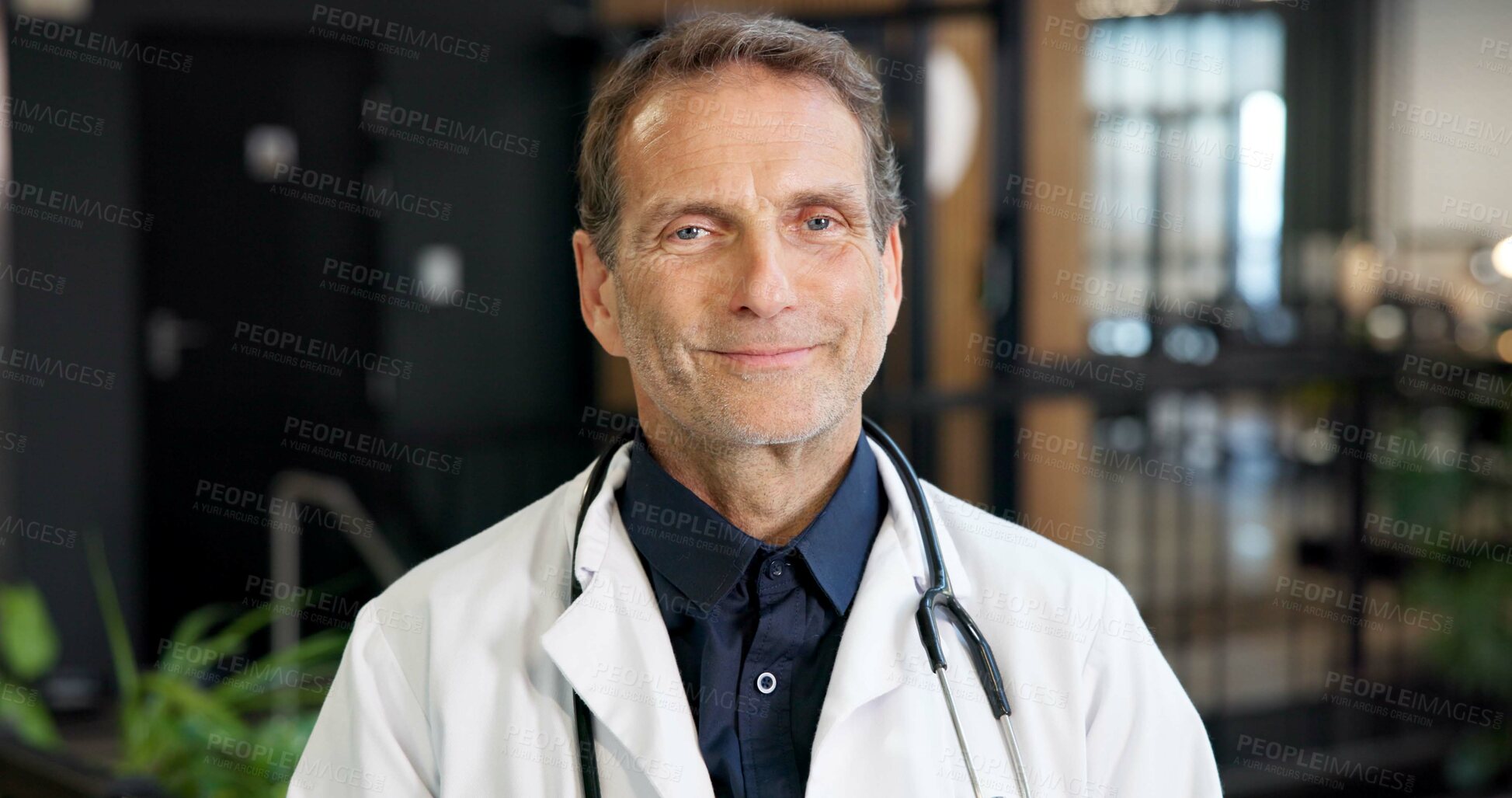 Buy stock photo Healthcare, doctor and smile in portrait in hospital lobby, expert physician or heart specialist. Mature, man or cardiologist for medical care, confidence and pride with professional in medicine