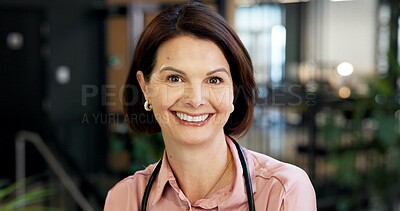 Buy stock photo Healthcare, doctor or happy woman in portrait at hospital, expert physician or heart specialist. Mature, person or cardiologist for medical care, confidence and pride with professional in medicine