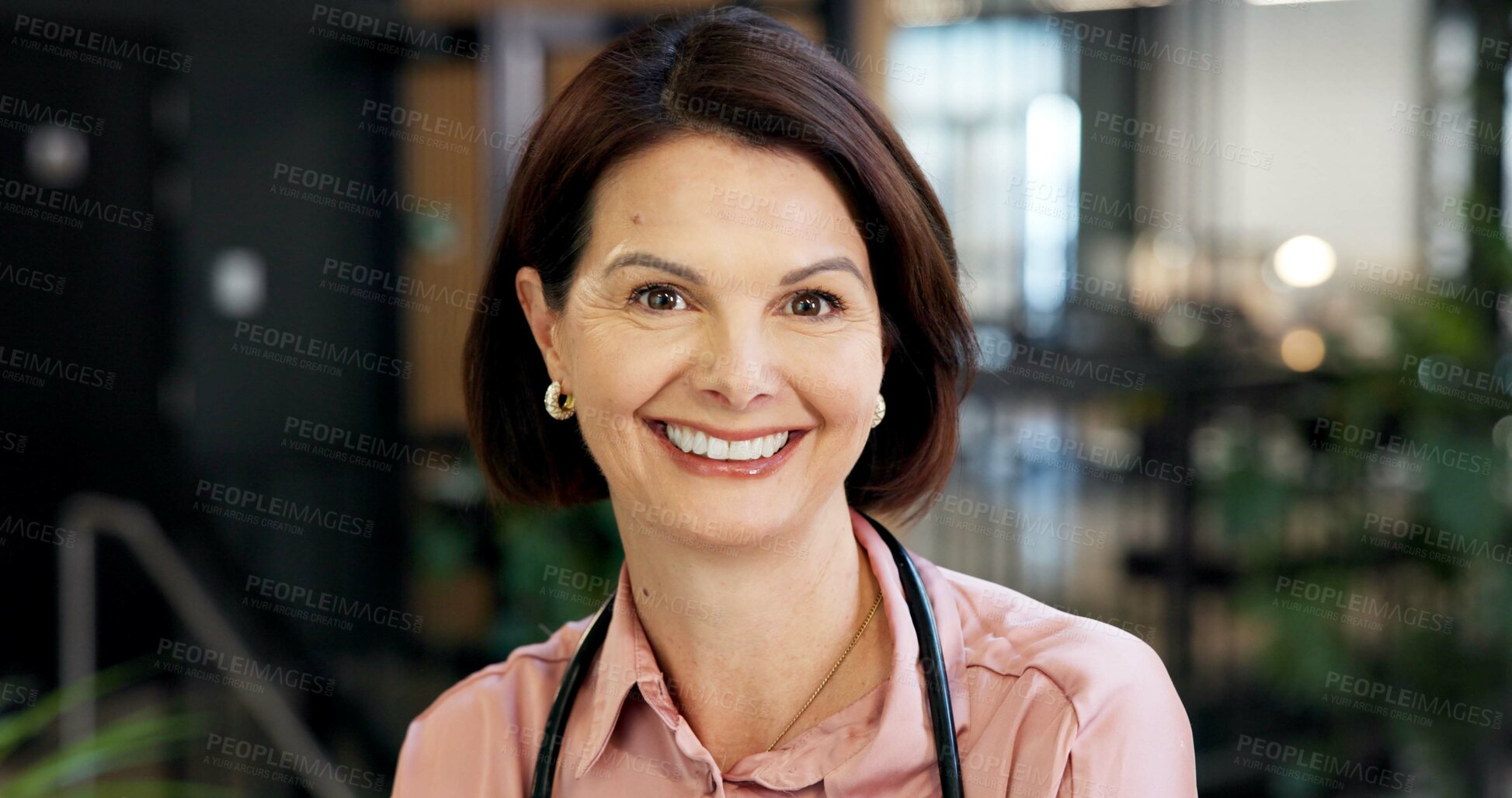 Buy stock photo Healthcare, doctor or happy woman in portrait at hospital, expert physician or heart specialist. Mature, person or cardiologist for medical care, confidence and pride with professional in medicine