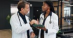 Doctor, team and talk at hospital with tablet, patient chart and blood test results for diagnosis. People, chat or collaboration at clinic with digital, mri scan report and medical records for health