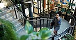 Business, woman and lawyer on stairs with phone call, interview witness and schedule of court case. Above, attorney or mobile on staircase in office for legal strategy, sworn statement and settlement