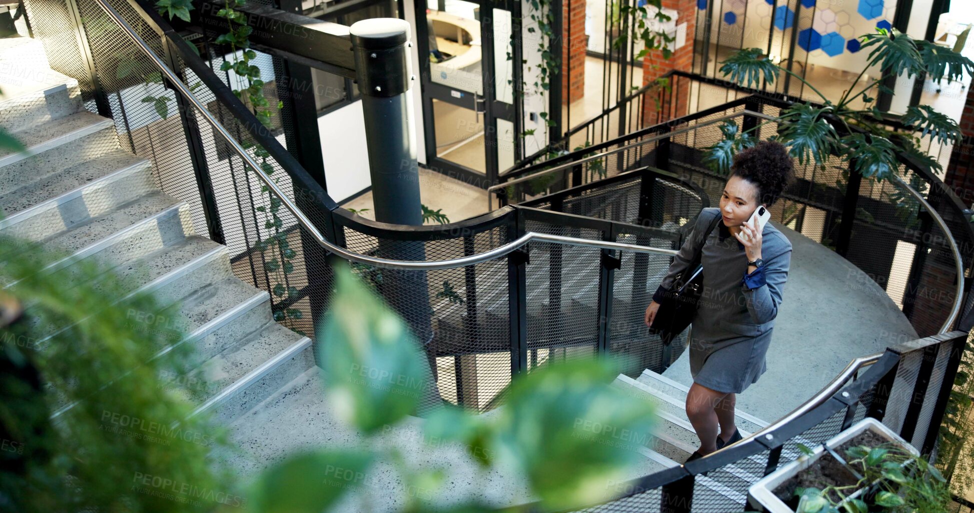 Buy stock photo Business, woman and lawyer on stairs with phone call, interview witness and schedule of court case. Above, attorney or mobile on staircase in office for legal strategy, sworn statement and settlement