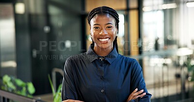 Buy stock photo Business, confidence or black woman with pride in office for corporate real estate or management. Portrait, female person or realtor with smile or arms crossed for property investment in workplace