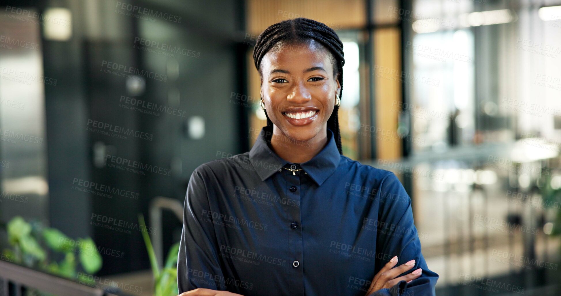 Buy stock photo Business, confidence or black woman with pride in office for corporate real estate or management. Portrait, female person or realtor with smile or arms crossed for property investment in workplace