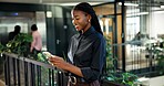 Reading, message and happy woman with phone in office, communication and project update on website. Texting, online and black person with mobile, networking and chat with contact on social media app