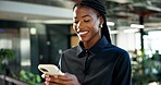 Reading, chat and happy woman with phone in office, communication or project update on social media. Texting, online and black person with smile for message, search and network with contact on mobile