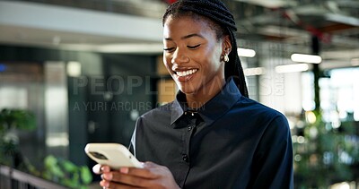 Buy stock photo Reading, chat and happy woman with phone in office, communication or project update on social media. Texting, online and black person with smile for message, search and network with contact on mobile