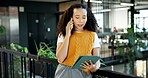 Business, woman and tablet in office with phone call, discussion and schedule trial of court case. Lawyer, tech or mobile at law firm for online evidence, witness statement and confidential testimony