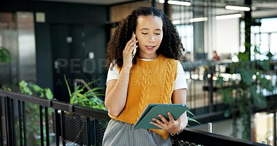 Buy stock photo Business, woman and tablet in office with phone call, discussion and schedule trial of court case. Lawyer, tech or mobile at law firm for online evidence, witness statement and confidential testimony