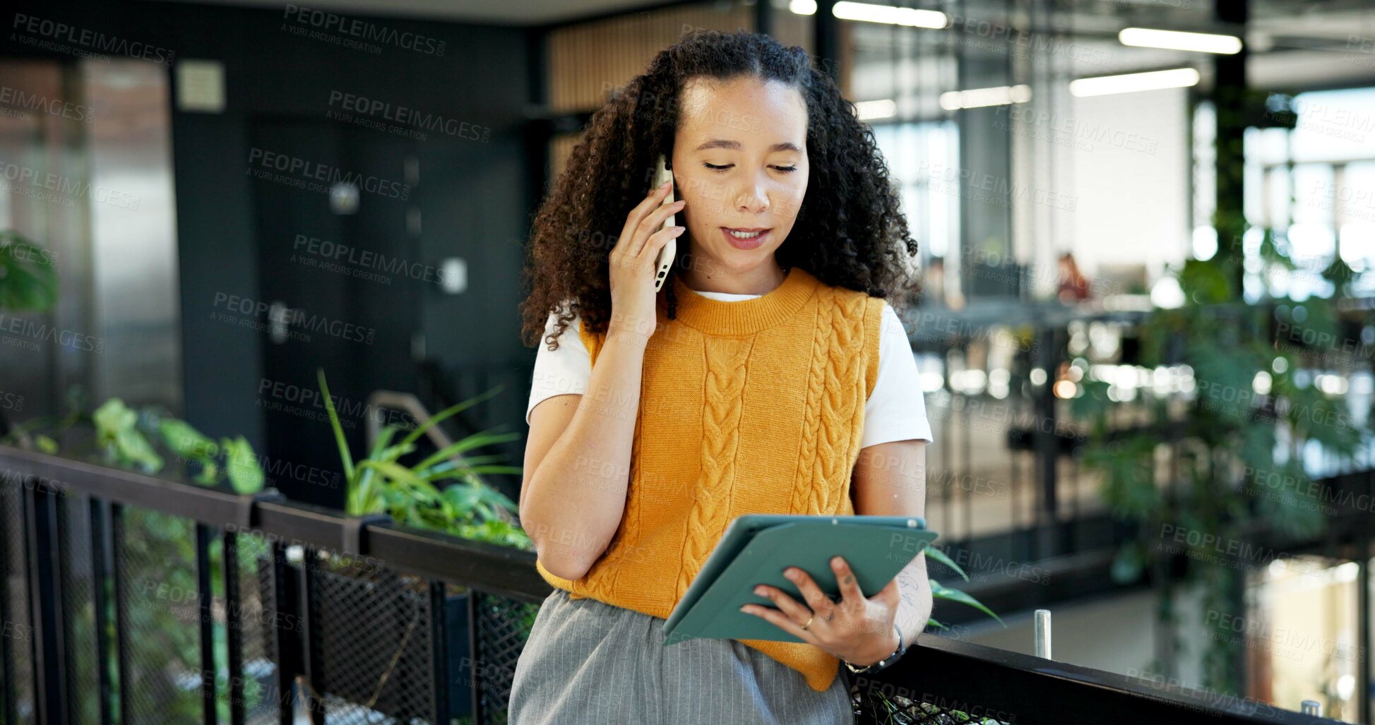 Buy stock photo Business, woman and tablet in office with phone call, discussion and schedule trial of court case. Lawyer, tech or mobile at law firm for online evidence, witness statement and confidential testimony