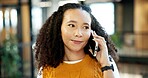 Smile, business and woman in office with phone call, contact source and confirm for story facts. Happy, editor or listen in workplace with mobile, copywriting report and witness statement for article