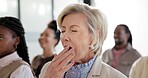 Audience, conference and tired woman for business training, exhausted and tedious upskill workshop. Mature person, yawning and fatigue or burnout in corporate event, boring meeting and low energy