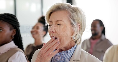 Buy stock photo Audience, conference and tired woman for business training, exhausted and tedious upskill workshop. Mature person, yawning and fatigue or burnout in corporate event, boring meeting and low energy