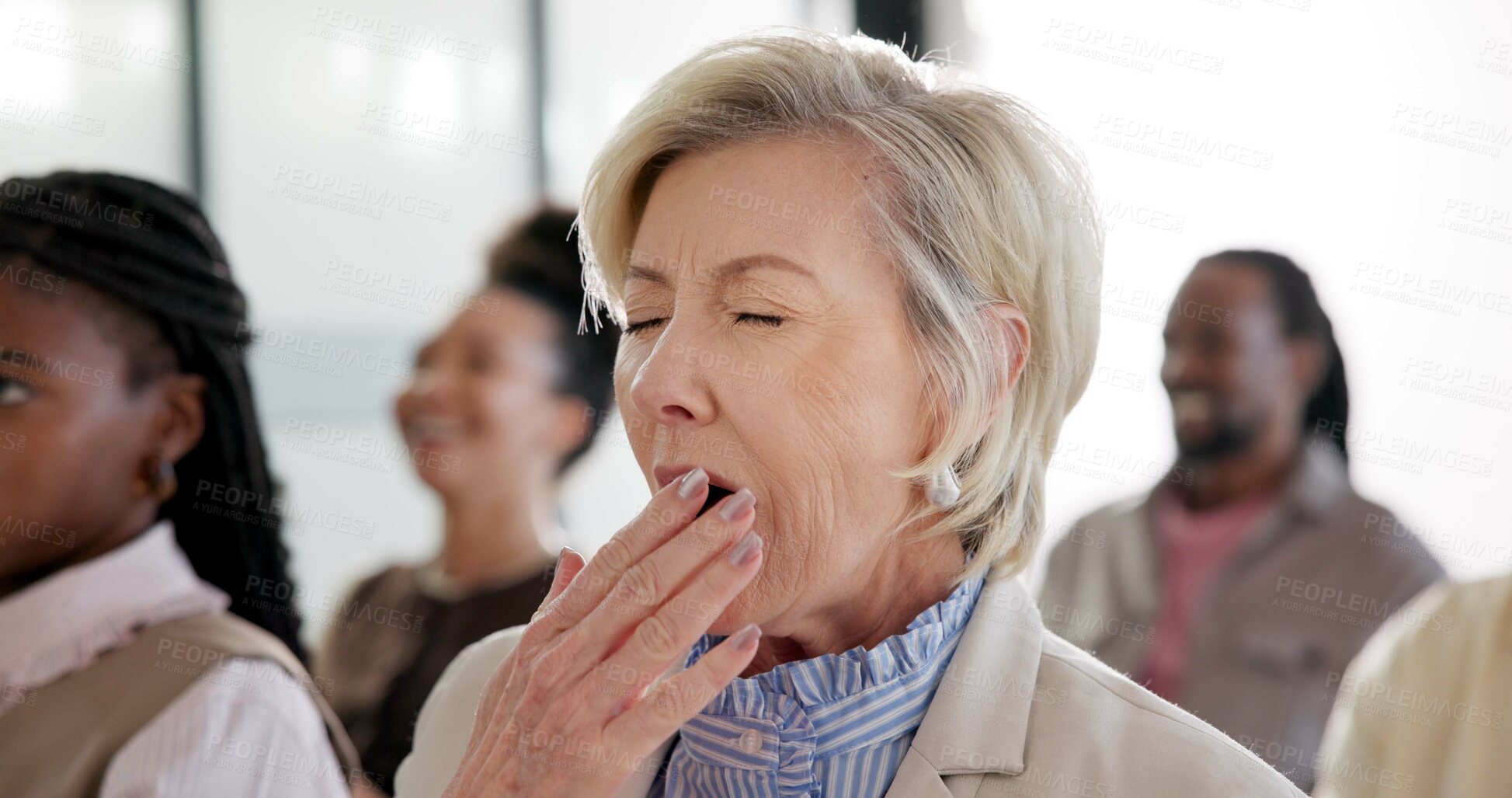 Buy stock photo Audience, conference and tired woman for business training, exhausted and tedious upskill workshop. Mature person, yawning and fatigue or burnout in corporate event, boring meeting and low energy