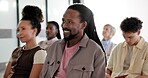 Audience, man and happy in conference for business training, development and upskill workshop. Mature person, smile and group together for corporate event, meeting and presentation for staff