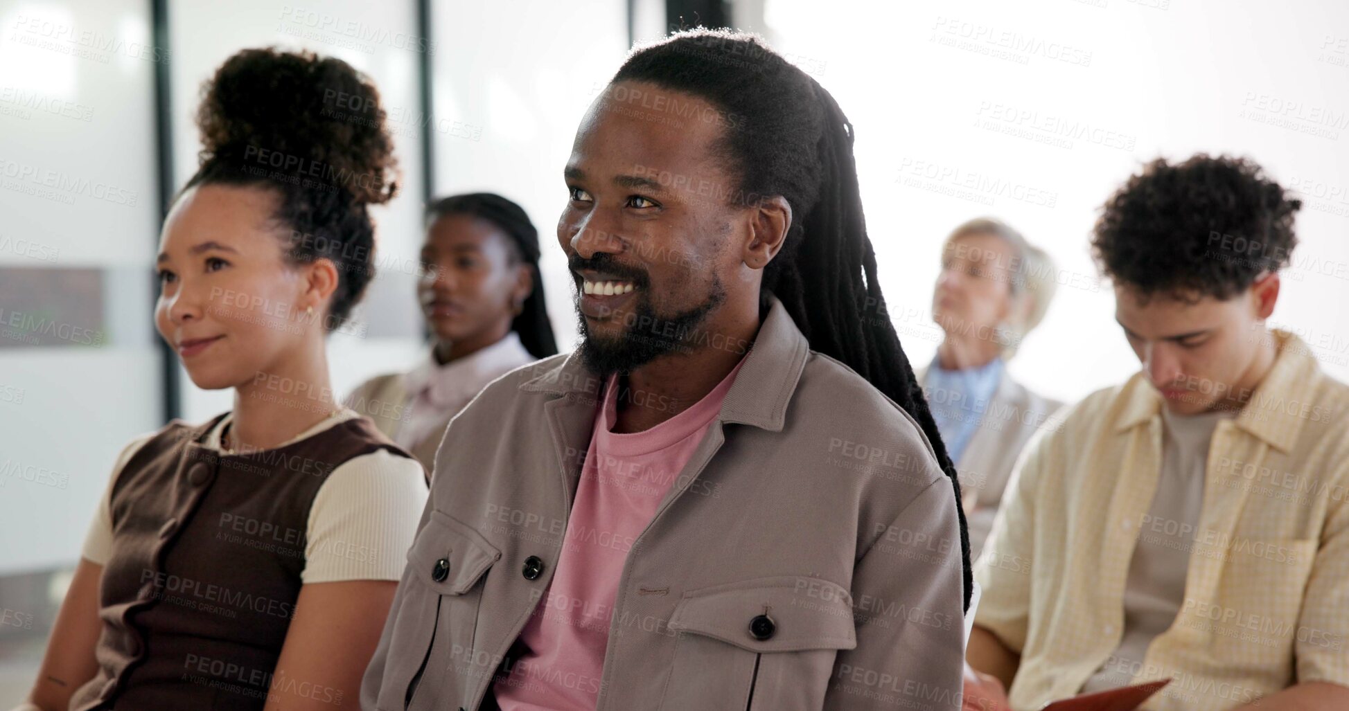 Buy stock photo Audience, man and happy in conference for business training, development and upskill workshop. Mature person, smile and group together for corporate event, meeting and presentation for staff