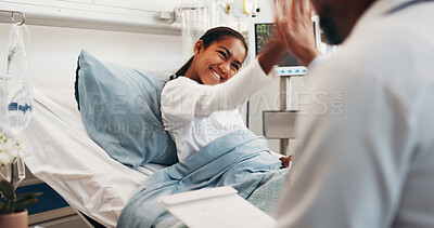 Buy stock photo Happy, doctor and child in hospital bed with high five, good news or visit for rehabilitation update. Healthcare worker, girl and celebration in clinic for recovery, wellness feedback and support.