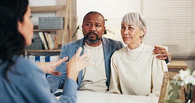 Buy stock photo Financial advisor, consultation and meeting with senior couple in office, talk and listen to advice. Wealth management, consultant and discussion with mature people, chat and explain retirement plan