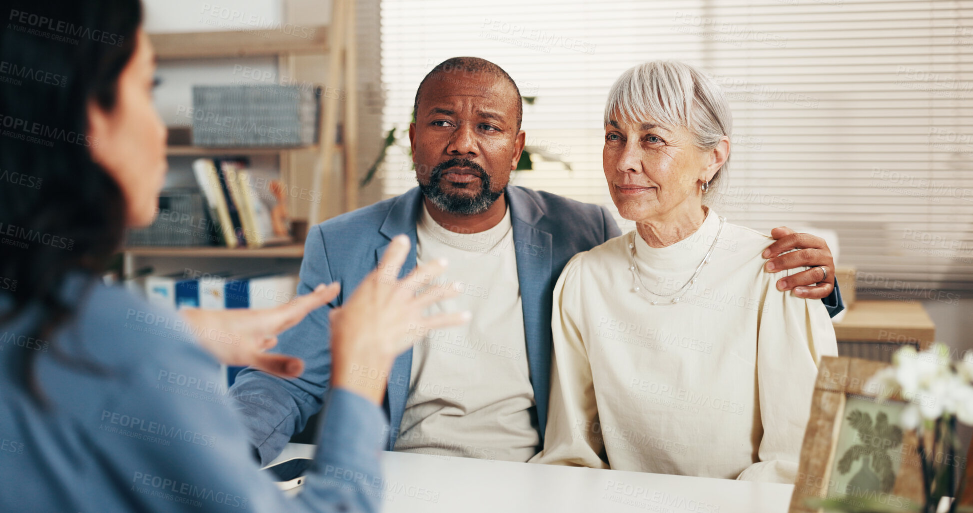 Buy stock photo Financial advisor, consultation and meeting with senior couple in office, talk and listen to advice. Wealth management, consultant and discussion with mature people, chat and explain retirement plan