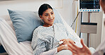 Sick, woman and doctor in hospital bed with advice, breathing tube and feedback for asthma recovery. Healthcare worker, person and listen in medical clinic with lung disease update, help or treatment