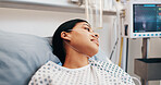 Sick, woman and breathing tube in hospital bed with fatigue, asthma symptoms and respiratory disease. Tired, person and lung infection in medical clinic with virus, health condition and illness.