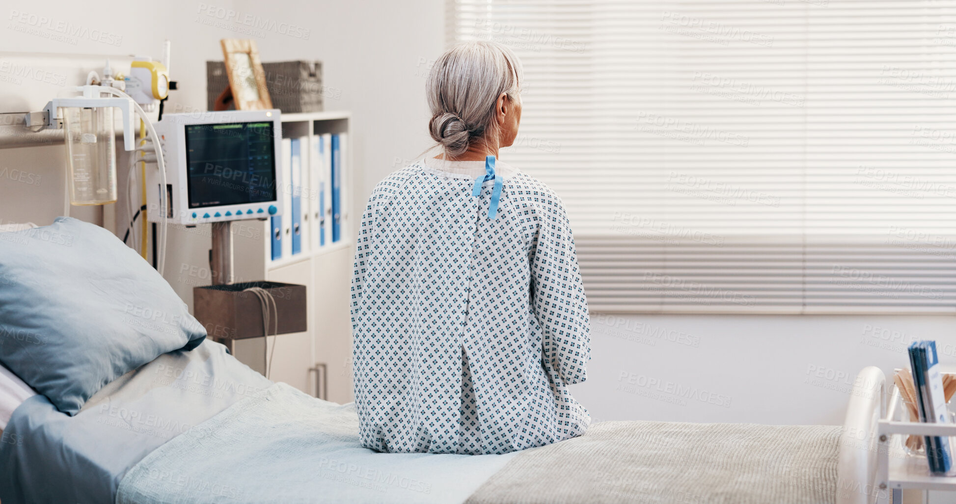 Buy stock photo Hospital bed, thinking and back of senior woman for surgery results, diagnosis and recovery. Healthcare, clinic and patient waiting for discharge for wellness, medicare and healing for operation
