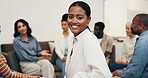 Wellness, woman or smile in meeting for support group, self improvement or emotional wellbeing. Community center, member and portrait for social connection, healing circle and mutual aid in recovery