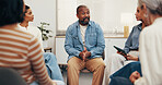 Psychology, man and serious with talk for group therapy, recovery experience or trigger discussion. Counseling, mature member and share story for relapse prevention, coping mechanism and trust circle