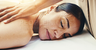 Buy stock photo Hands, woman and sleeping at spa for massage, deep tissue and holistic treatment of back pain. Masseuse, mature person and asleep at salon for self care, muscle stiffness and therapeutic for wellness