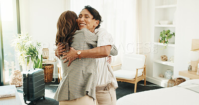 Buy stock photo Visit, greeting and friends in house with hug, bonding together and excitement with reunion. Smile, mature woman and companion with loving embrace, friendly welcome and happy moment with connection.