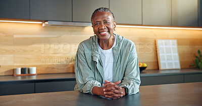 Buy stock photo Fitness, portrait and senior woman in home for wellness, break and happy with activewear for health. Kitchen, smile and black person with sportswear for exercise lifestyle, retirement and self care