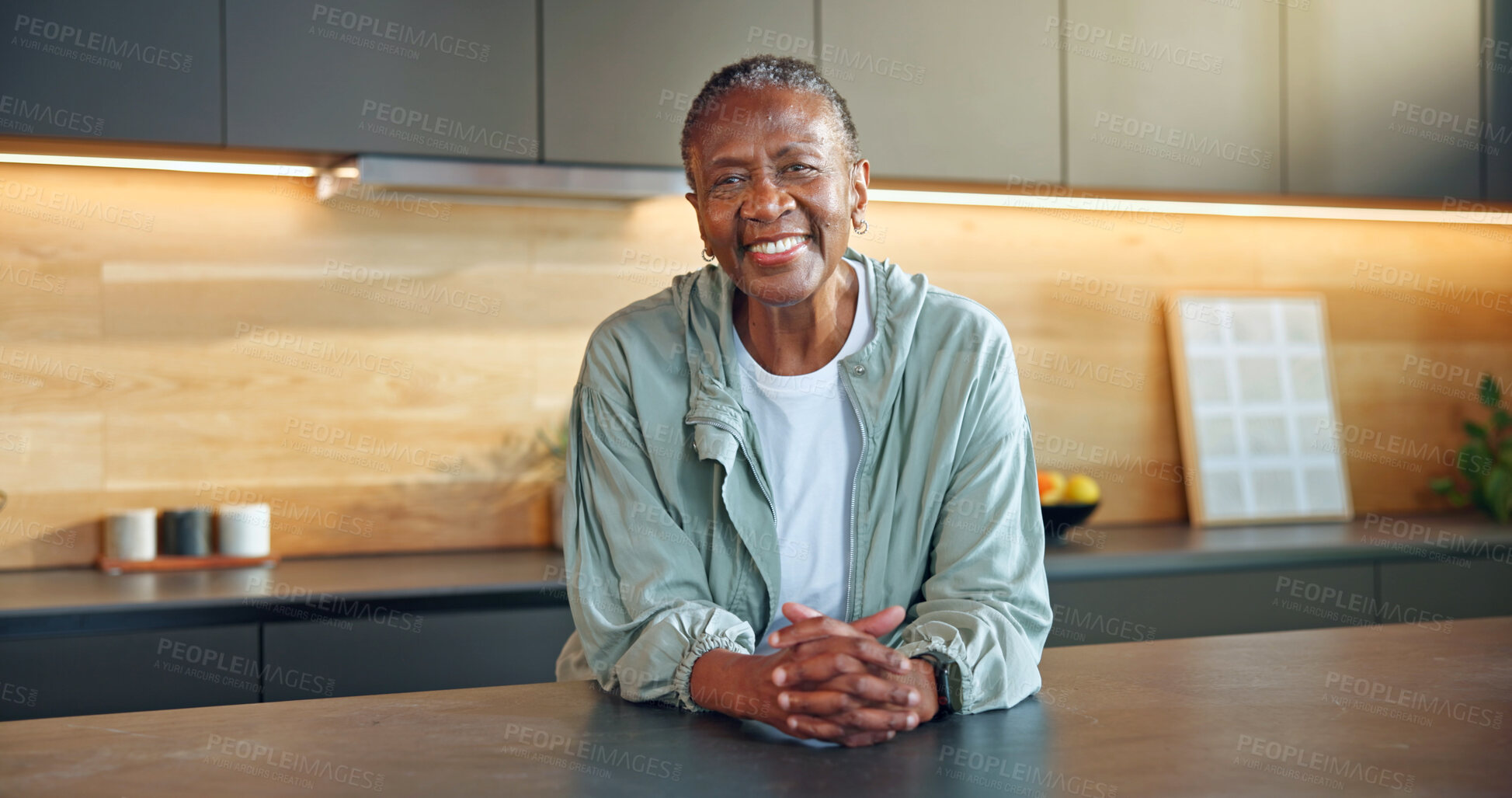Buy stock photo Fitness, portrait and senior woman in home for wellness, break and happy with activewear for health. Kitchen, smile and black person with sportswear for exercise lifestyle, retirement and self care