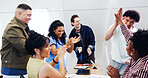 Smile, people and students in class with high five, good news and lesson success for passing exam. Happy, friends and applause at campus for well done, celebration and academic progress for education