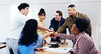 People, students and classroom with hand stack, good news and lesson success for passing exam. Smile, friends and gesture at university for well done, celebration and academic progress for education
