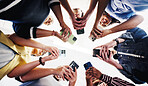 Students, hands and phone at university with social media community, diversity and higher education. Below, happy people and friends at college with tech, online networking and internet on campus.