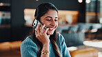 Smile, woman and talking at house with phone call, discussion and friendly chat for socializing. Happy, female person and listen in home with mobile, gossip and casual conversation for weekend unwind