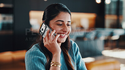 Buy stock photo Smile, woman and talking at house with phone call, discussion and friendly chat for socializing. Happy, female person and listen in home with mobile, gossip and casual conversation for weekend unwind