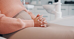Nervous, woman and hands in dentist chair for dental hygiene, phobia or fear in oral surgery. Female person, patient or waiting with anxiety or stress in dentistry for avoidance or trauma in clinic