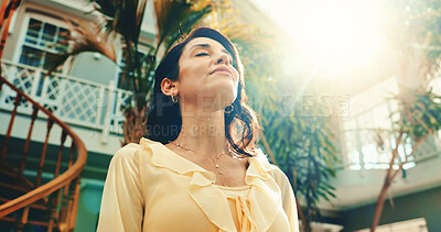 Buy stock photo Woman, relax and breathing with sunshine in resort for holiday, outdoor vacation or summer break. Calm, female person or traveler with fresh air, lens flare or stress relief for weekend getaway