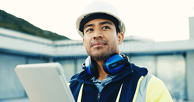 Buy stock photo Construction, thinking or supervisor with tablet, site review or reflection on remodeling project. PPE, manager or man outdoor with tech, progress perspective or operation plan in building renovation