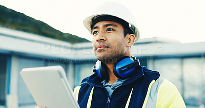 Buy stock photo Construction, thinking or engineer with tablet, site evaluation or reflection on remodeling project. Review, man or supervisor with tech, progress perspective or operation plan in building renovation