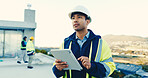 Construction, thinking or manager with tablet, site evaluation or reflection on remodeling project. Review, man or supervisor with tech, progress perspective or operation plan in building renovation.