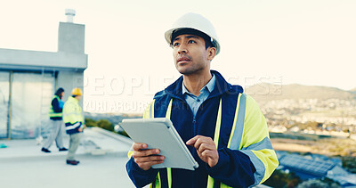 Buy stock photo Construction, thinking or manager with tablet, site evaluation or reflection on remodeling project. Review, man or supervisor with tech, progress perspective or operation plan in building renovation.