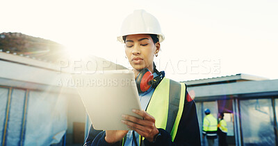 Buy stock photo Construction, outdoor and woman on tablet for building report, property evaluation and compliance. Architecture, engineer and person on tech for inspection, contractor schedule and renovation project