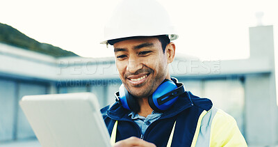Buy stock photo Construction, happy or man on site with tablet, permit approval or good news on renovation progress. Smile, reading or supervisor with tech, compliance passed or remodeling agreement in client email